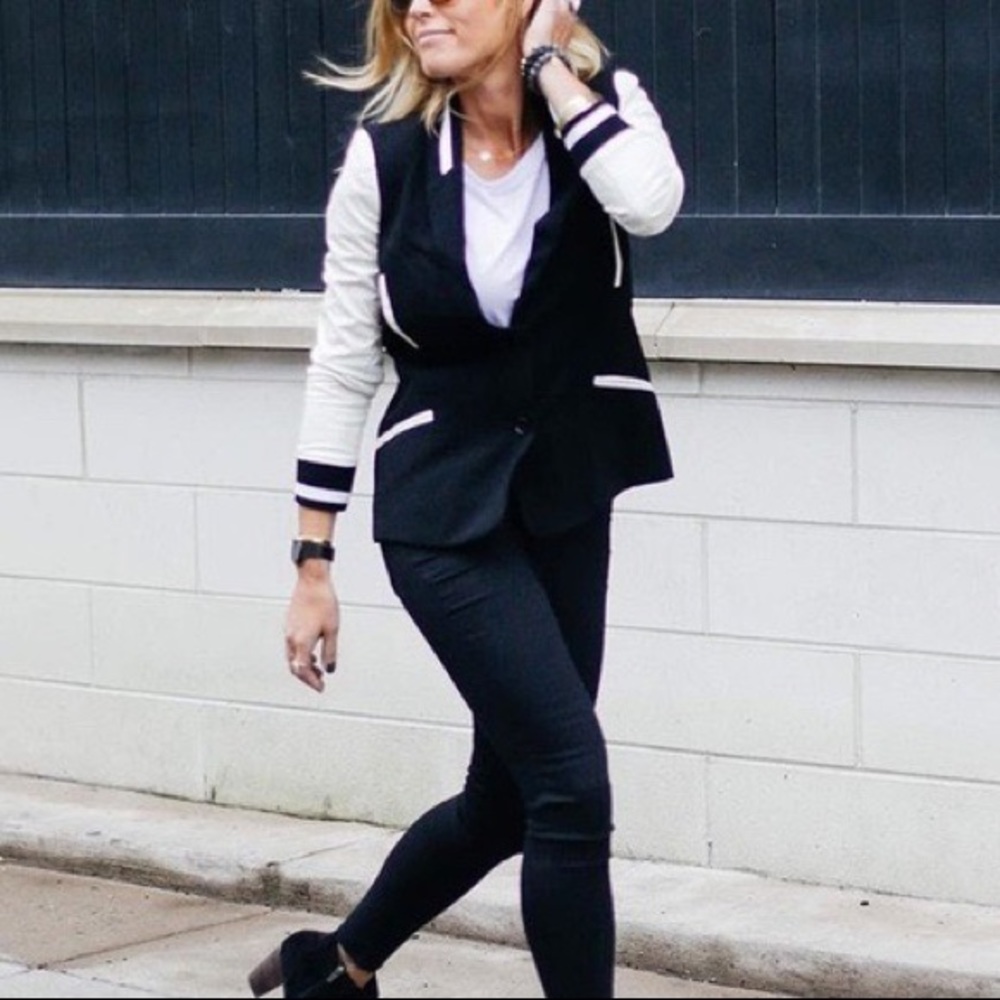 Evereve Vintage Havana Faux Leather Sleeve Varsity Blazer Jacket Black White
